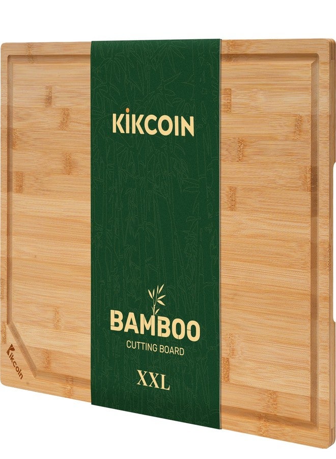 Kikcoin لوح تقطيع من الخيزران للمطبخ، لوح تقطيع خشبي كبير جدًا مع مجرى عميق للعصارة ومقبض، لوح تقطيع شديد التحمل، كيك كوين، 20 بوصة × 14 بوصة - Image 1